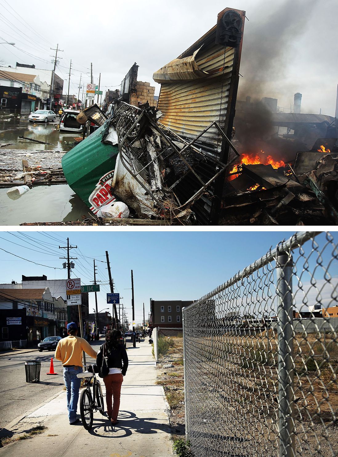 [Top] A fire burns near destroyed homes and businesses following Hurricane Sandy on October 30, 2012 in the Rockaway section of the Queens borough of New York City. [Bottom] Two people walk down a sidewalk past a now empty lot on October 23, 2013